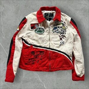 Red Fox Jacket Womens Large White Red Y2K Grunge Embroidered Skull Racing Zip Up